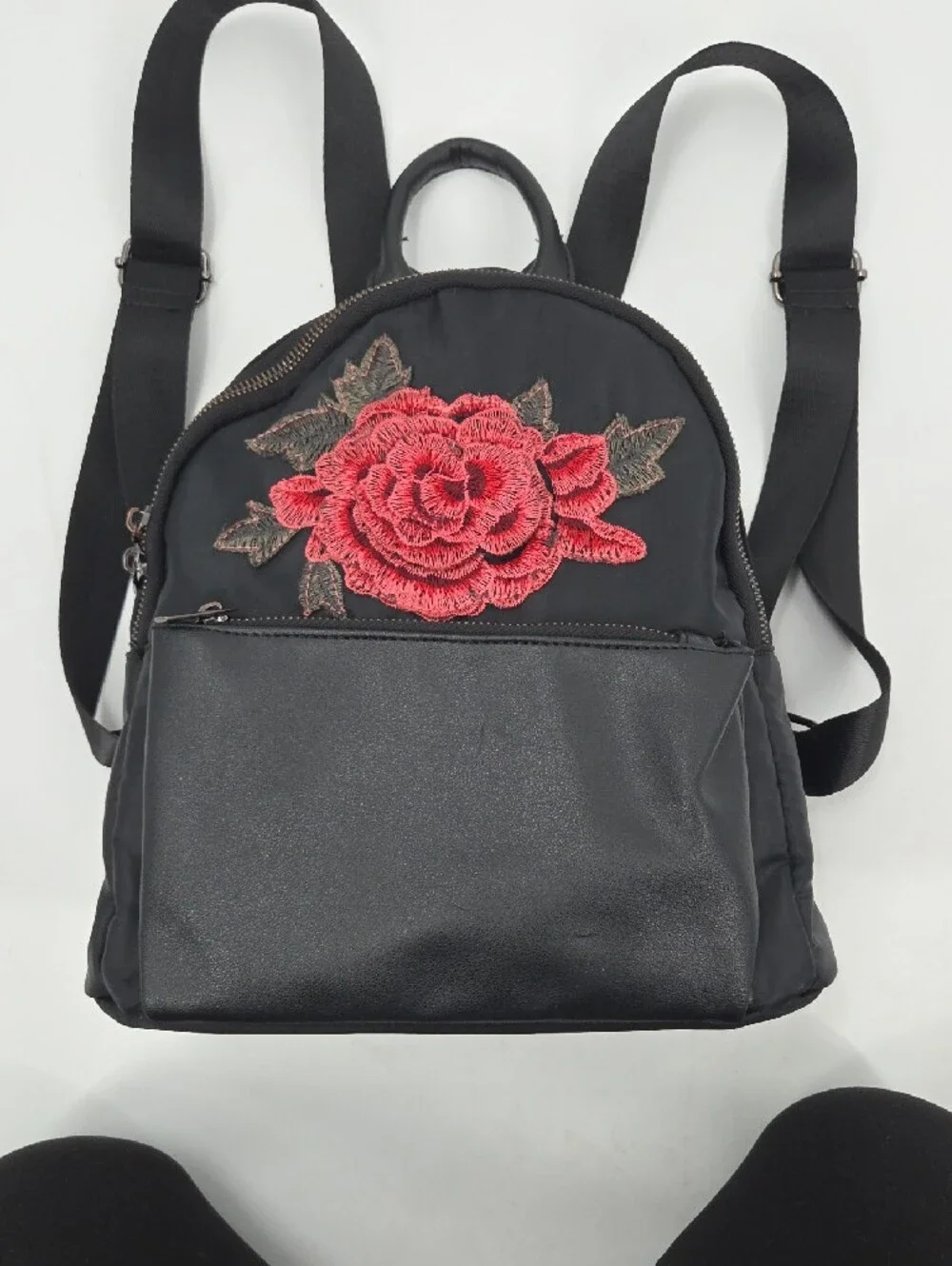 Black Women's Mini Backpack with Red Rose Embroidery